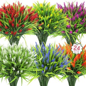 Ouddy Decor 24 Bundles Artificial Flowers for Outdoors, Fake Lavender Flowers Monkey Grass Faux Plastic Plants Shrubs UV Resistant for Porch Garden Window Box Office Home Decorations, Mixed