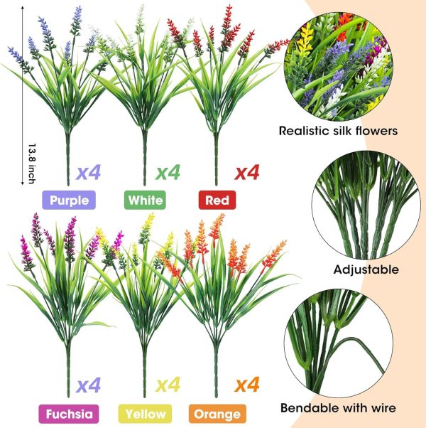 Ouddy Decor 24 Bundles Artificial Flowers for Outdoors, Fake Lavender Flowers Monkey Grass Faux Plastic Plants Shrubs UV Resistant for Porch Garden Window Box Office Home Decorations, Mixed - Image 2
