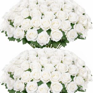 Ouddy Decor 50 Pcs Artificial White Roses Bulk Realistic Fake Silk Flowers with Long Stems for Wedding Bridal Bouquet DIY Table Centerpieces Arrangement Valentines Home Decor