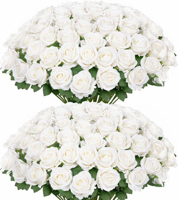 Ouddy Decor 50 Pcs Artificial White Roses Bulk Realistic Fake Silk Flowers with Long Stems for Wedding Bridal Bouquet DIY Table Centerpieces Arrangement Valentines Home Decor