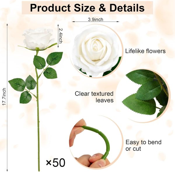 Ouddy Decor 50 Pcs Artificial White Roses Bulk Realistic Fake Silk Flowers with Long Stems for Wedding Bridal Bouquet DIY Table Centerpieces Arrangement Valentines Home Decor - Image 2