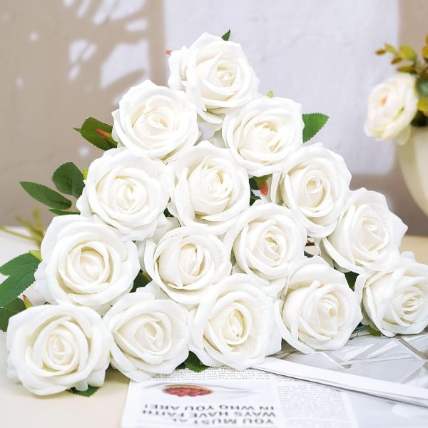 Ouddy Decor 50 Pcs Artificial White Roses Bulk Realistic Fake Silk Flowers with Long Stems for Wedding Bridal Bouquet DIY Table Centerpieces Arrangement Valentines Home Decor - Image 3