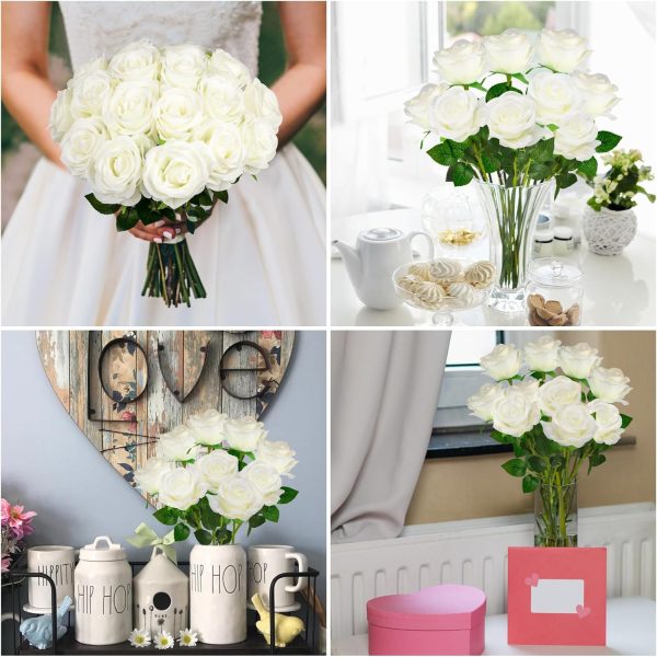 Ouddy Decor 50 Pcs Artificial White Roses Bulk Realistic Fake Silk Flowers with Long Stems for Wedding Bridal Bouquet DIY Table Centerpieces Arrangement Valentines Home Decor - Image 76