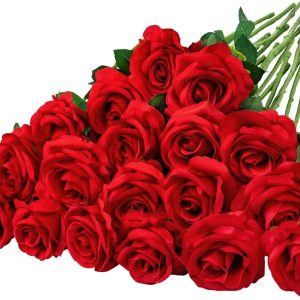 Ouddy Decor 20 Pcs Fake Red Roses Artificial Silk Flowers with Long Stems for Valentines Decor Wedding Home Party Table Centerpieces Bridal Bouquet DIY Floral Arrangment