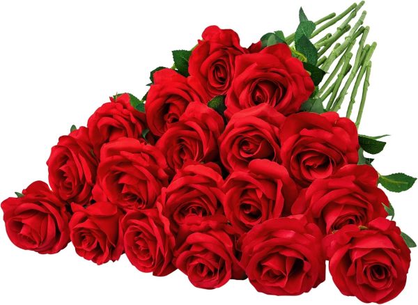 Ouddy Decor 20 Pcs Fake Red Roses Artificial Silk Flowers with Long Stems for Valentines Decor Wedding Home Party Table Centerpieces Bridal Bouquet DIY Floral Arrangment