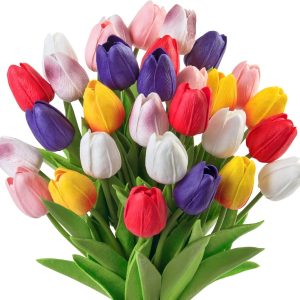 Ouddy Decor 30 Pcs Multicolor Artificial Tulip Flowers PU Real Touch Fake Plants Faux Bouquet for Room Office Table Party Spring Summer Wedding Home Decorations