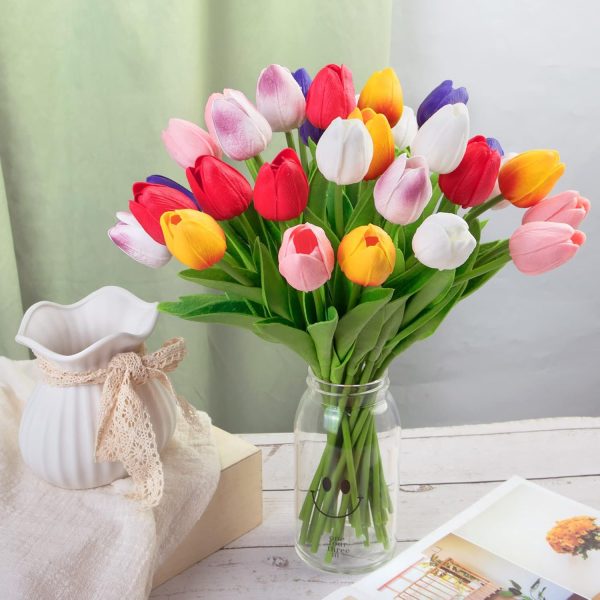 Ouddy Decor 30 Pcs Multicolor Artificial Tulip Flowers PU Real Touch Fake Plants Faux Bouquet for Room Office Table Party Spring Summer Wedding Home Decorations - Image 5