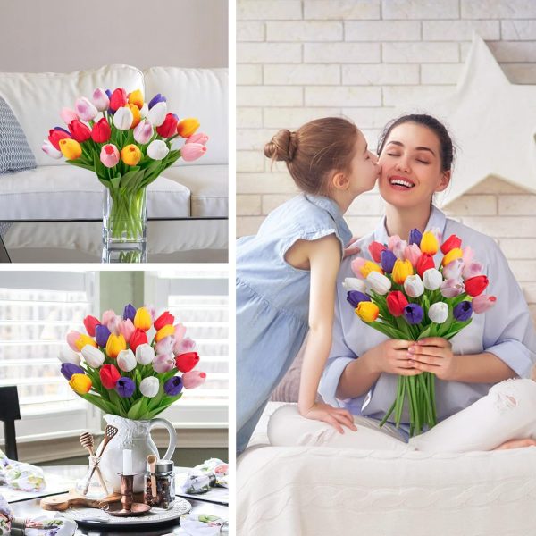 Ouddy Decor 30 Pcs Multicolor Artificial Tulip Flowers PU Real Touch Fake Plants Faux Bouquet for Room Office Table Party Spring Summer Wedding Home Decorations - Image 6