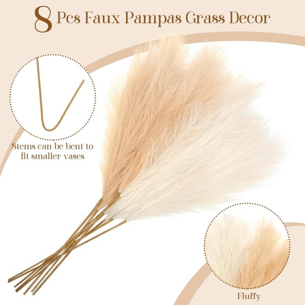Ouddy Decor 8 Pcs Faux Pampas Grass Decor 38''/97cm Tall Artificial Large Pompous Pompas Floral Fluffy Fake Plants Floor Vase Filler for Wedding Kitchen Home Boho Decorations, Mixed Beige - Image 2