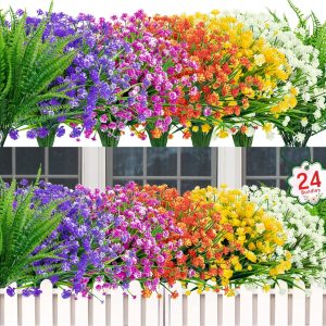 Ouddy Decor 24 Bundles Artificial Flowers for Outdoors UV Resistant Fake Plastic Plants Faux Boston Fern Greenery Stems for Spring Summer Indoor Garden Patio Window Box Kitchen Home Decor, Mixedcolor